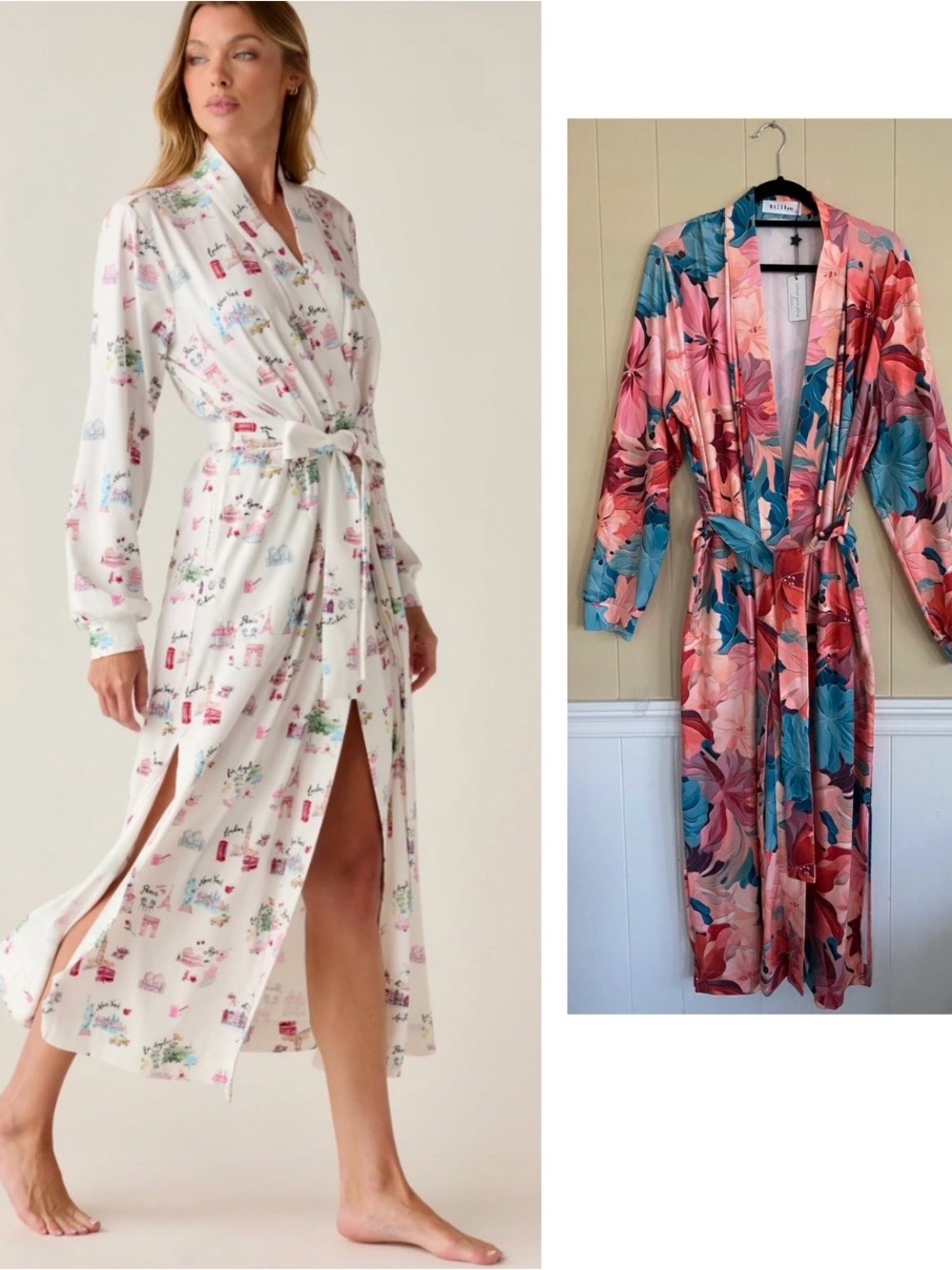 Floral Print Satin Robe - Pink & Teal